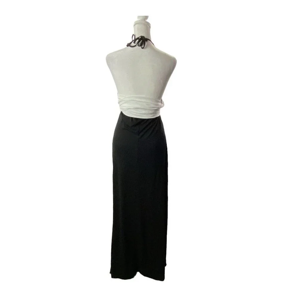 VENUS Women Maxi Dress Size L Black‎ White Halter Wrap Detail Unique 4-8